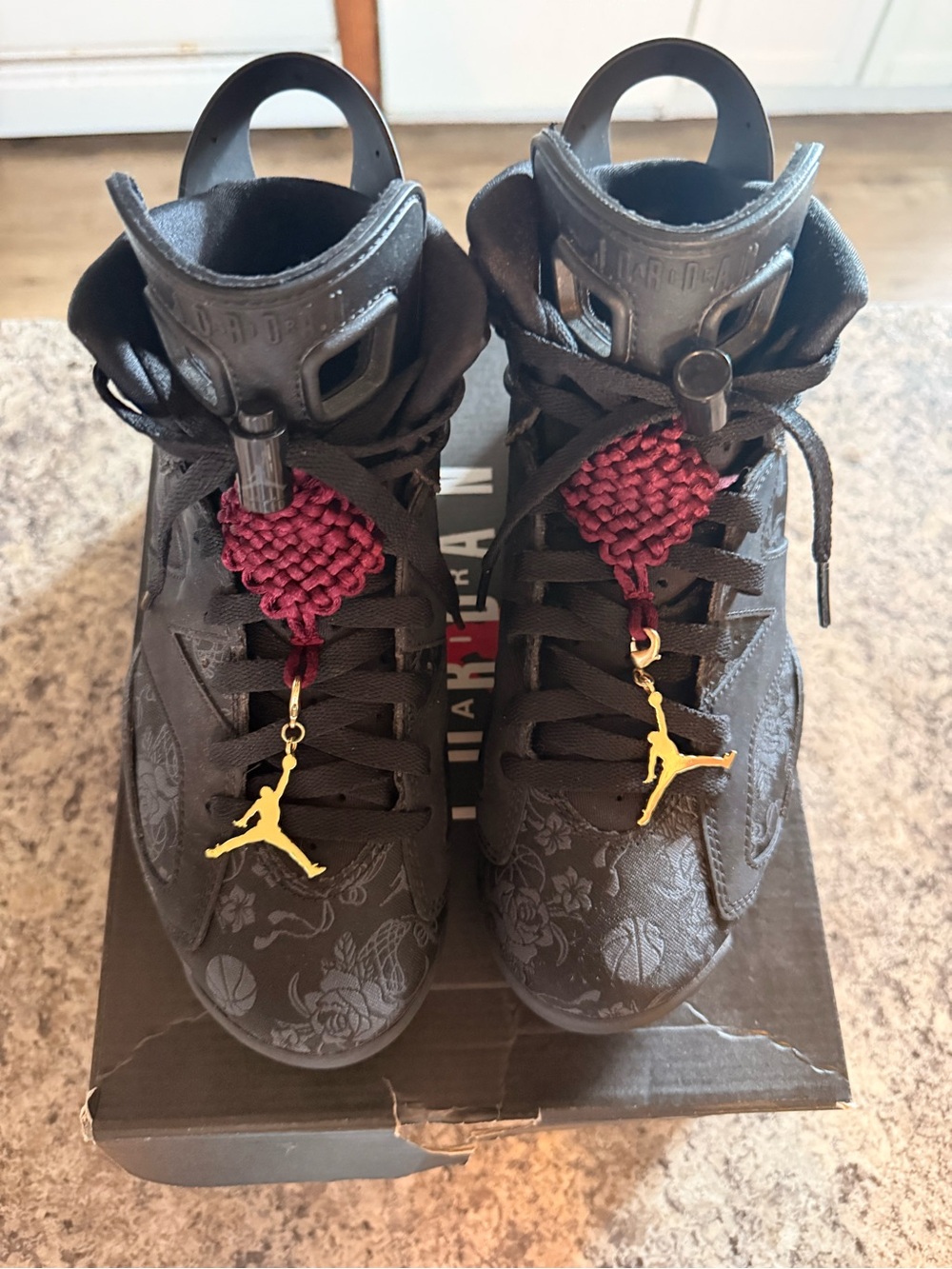 Jordan Kids Black Sneakers with Burgundy Laces and Gold Jumpman Charms